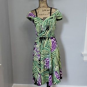 Eva Mendes Tropical Cold Shoulder Belted Dress